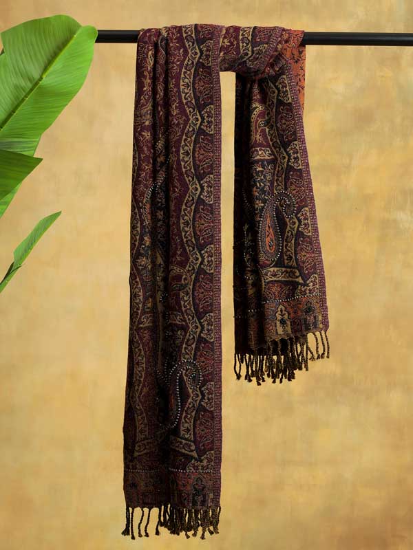 Badaam Jaal Merino Hand Bead Wrap - Ruby, Black