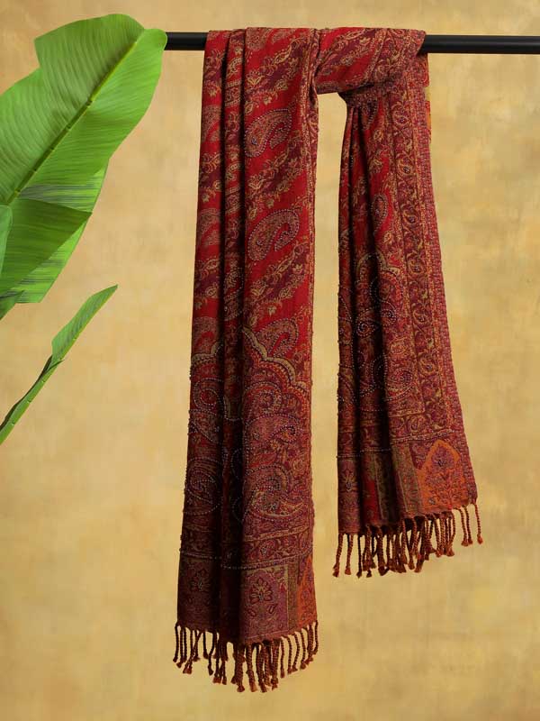 Badaam Jaal Merino Hand Bead Wrap - Spice Red