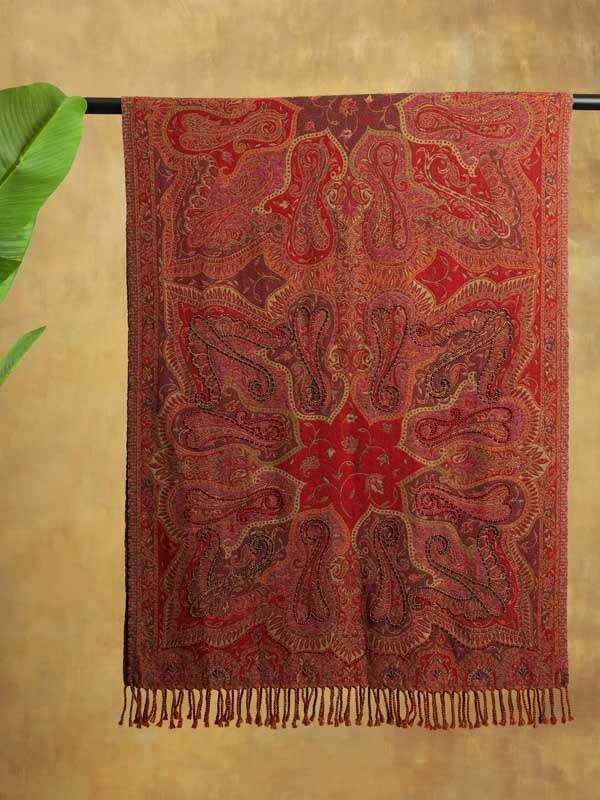 Poppy Red Paisley Hand Bead Merino Wrap