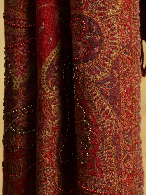 Poppy Red Paisley Hand Bead Merino Wrap