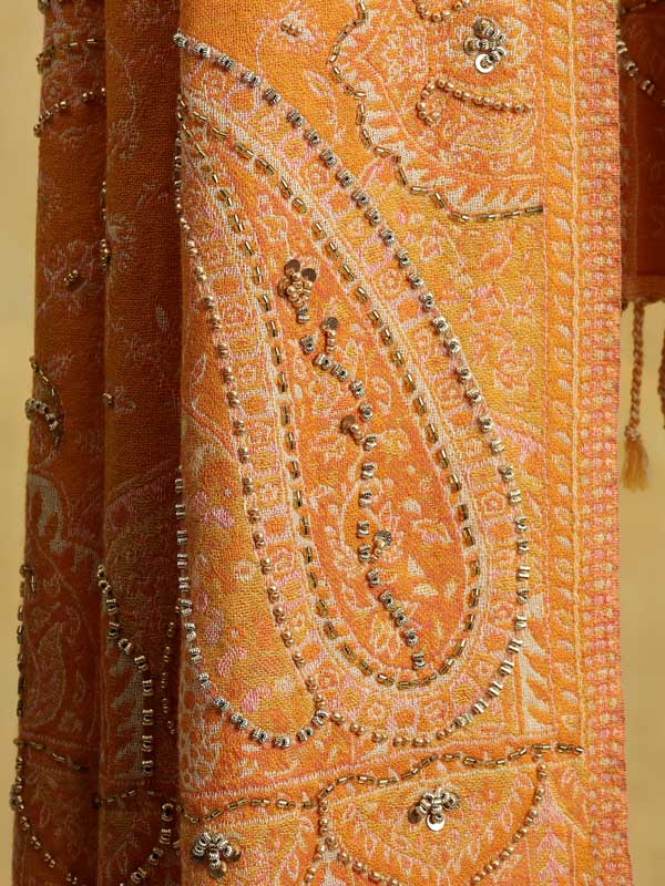Honey Gold Paisley Hand Bead Merino Wrap