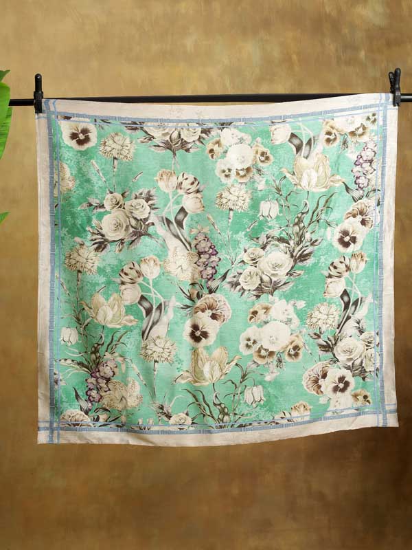 Gilded Blooms Silk Blend Square Scarf - Sea Green