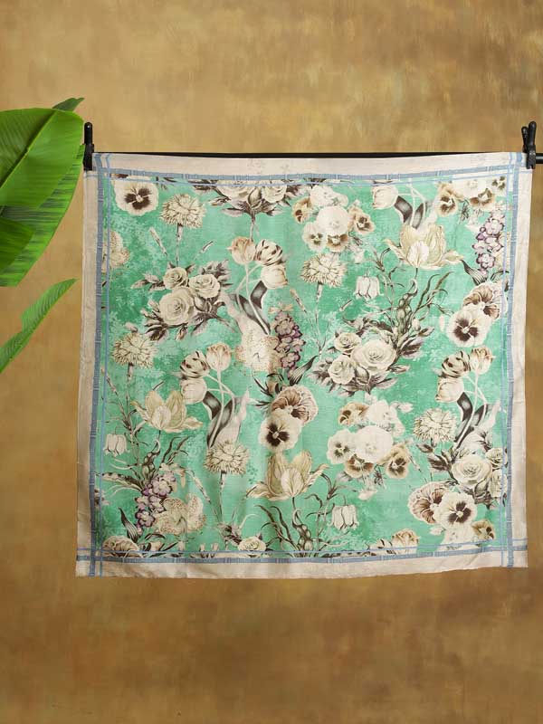 Gilded Blooms Silk Blend Square Scarf - Sea Green