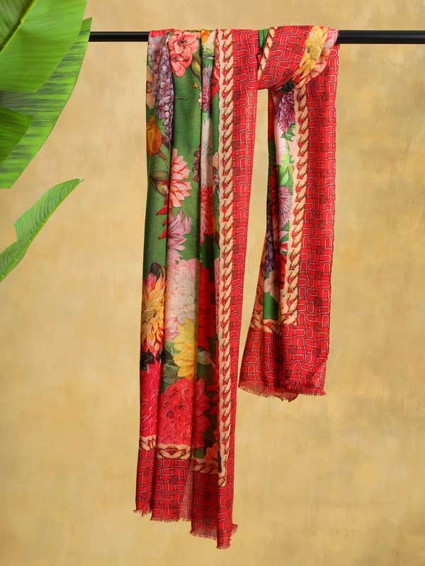 Petal Poetry Twill Wool Scarf - Basil, Red