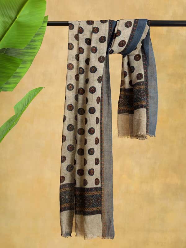 Medallion Merino Wool Twill Mens Scarf - Natural Beige, Yale Blue