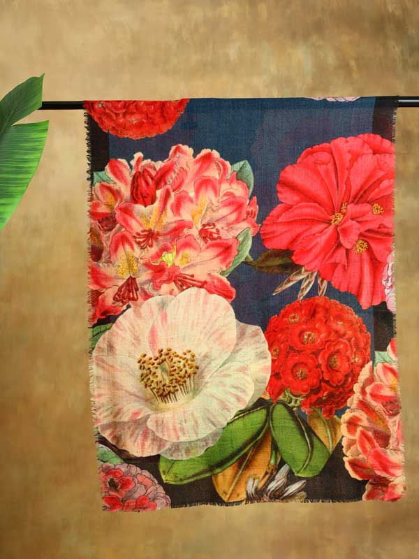 Dreamy Dandelions Wool Scarf - Navy, Red