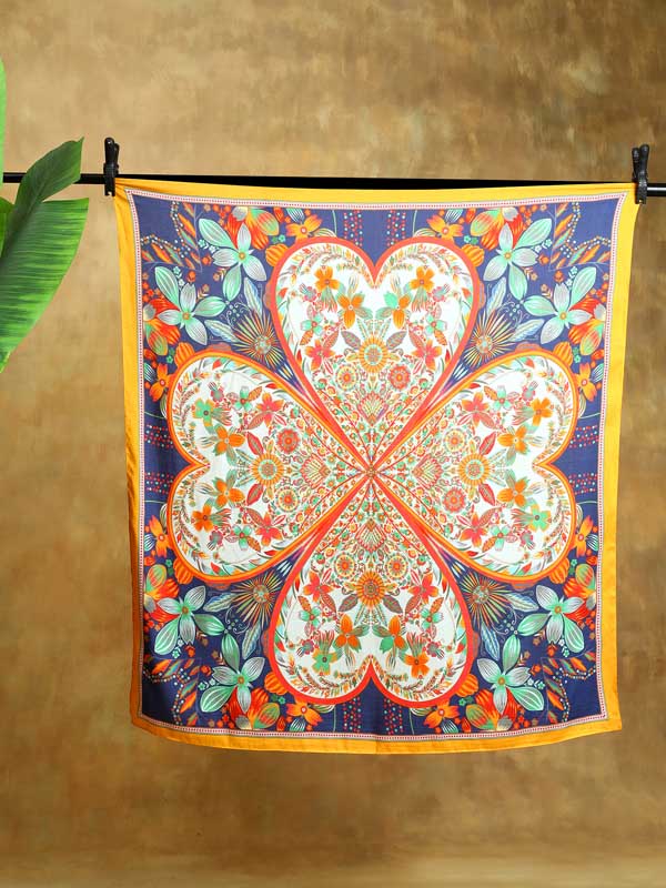 Amour Blooms Silk Blend Square Scarf - Cream, Cobalt