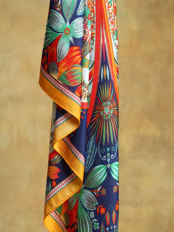 Amour Blooms Silk Blend Square Scarf - Cream, Cobalt