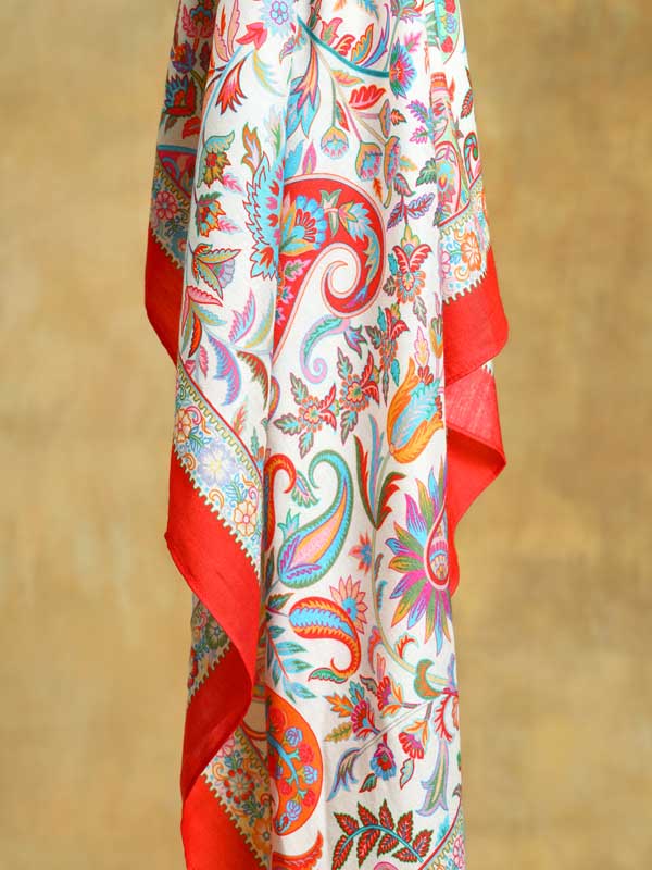 Almond Paisley Silk Blend Square Scarf - Crimson Ivory