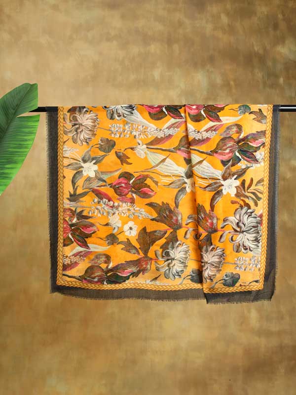 Petaled Blossoms Oversize Wool Silk Foulard - Merigold