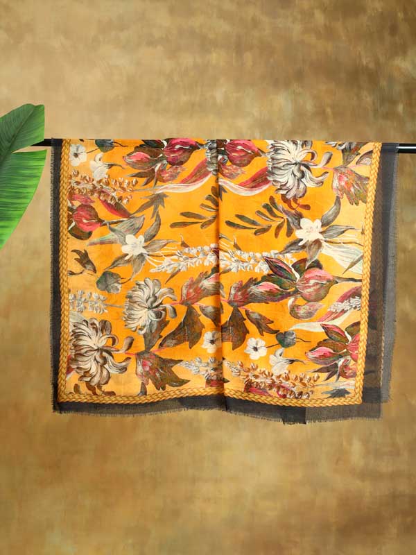 Petaled Blossoms Oversize Wool Silk Foulard - Merigold