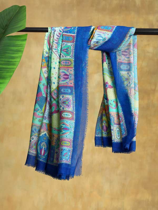 Mehez Durbar Oversize Wool Silk Foulard - Firozi Blue